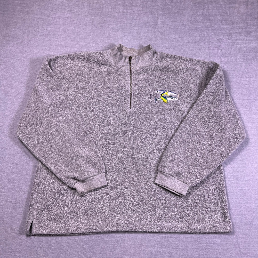 Guy Harvey Classic Mens Large Gray 1/4 Zip Fleece Pullover Fishing Mahi Marlin